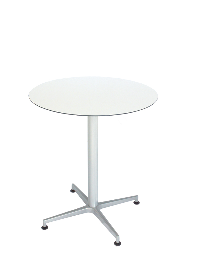 Tisch VISION Gestell weiß mit einer HPL-Kompakt-Tischplatte weiß mit schwarzem Rand, Ø 69 cm (TPHPL10-D69-we)